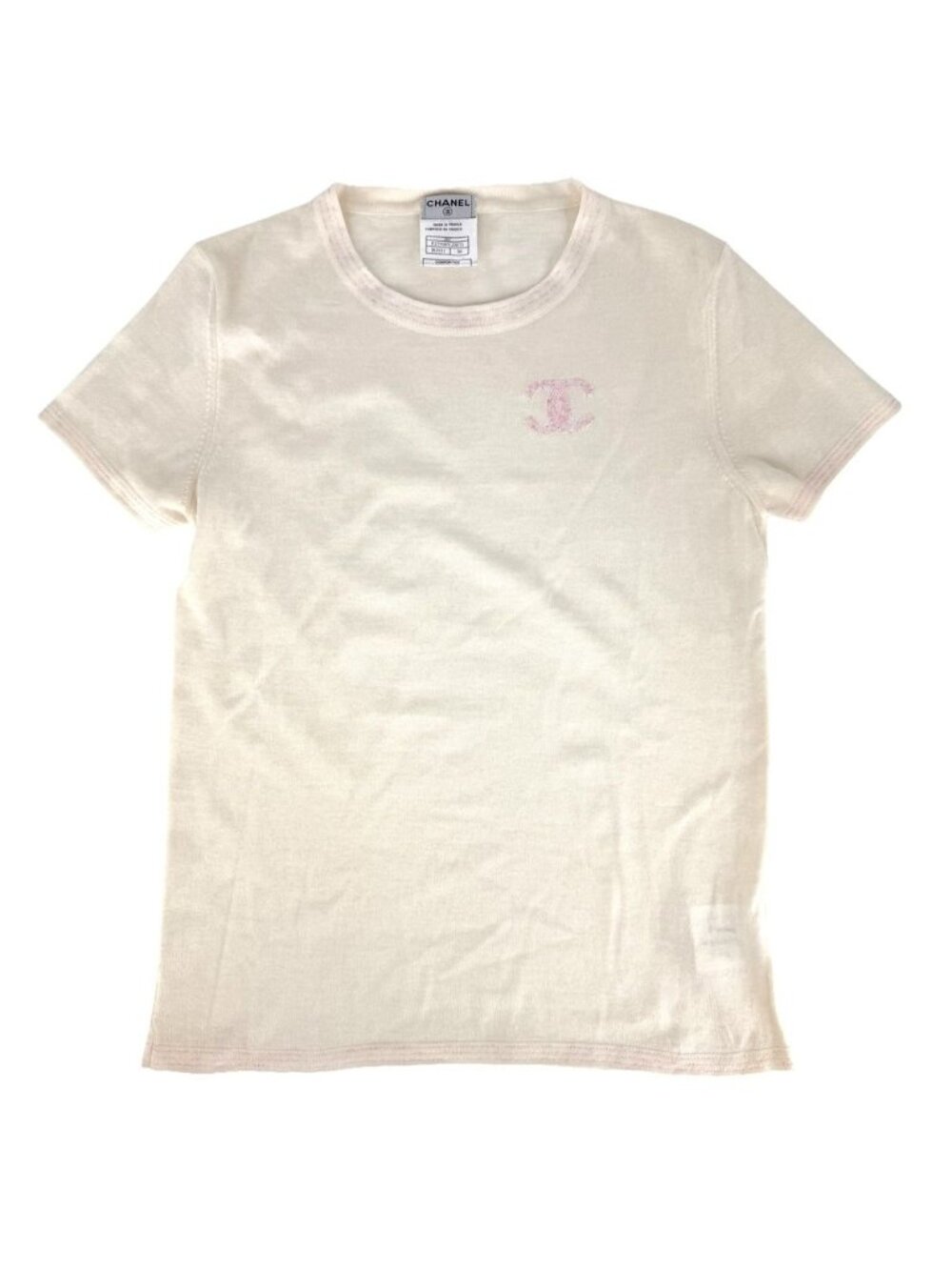 Chanel Short Sleeve T-Shirt CC Logo Top Beige Pink Cotton Cashmere Elite 38